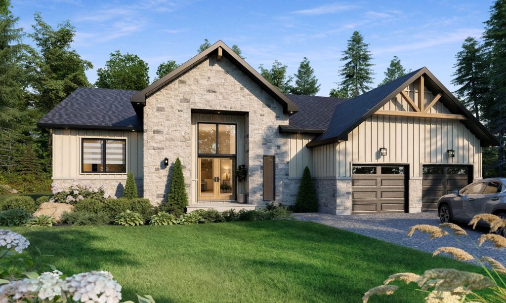 Modèle de maison neuve Charline : bungalow contemporain de 1940 pi² avec hauts plafonds et grandes fenêtres.