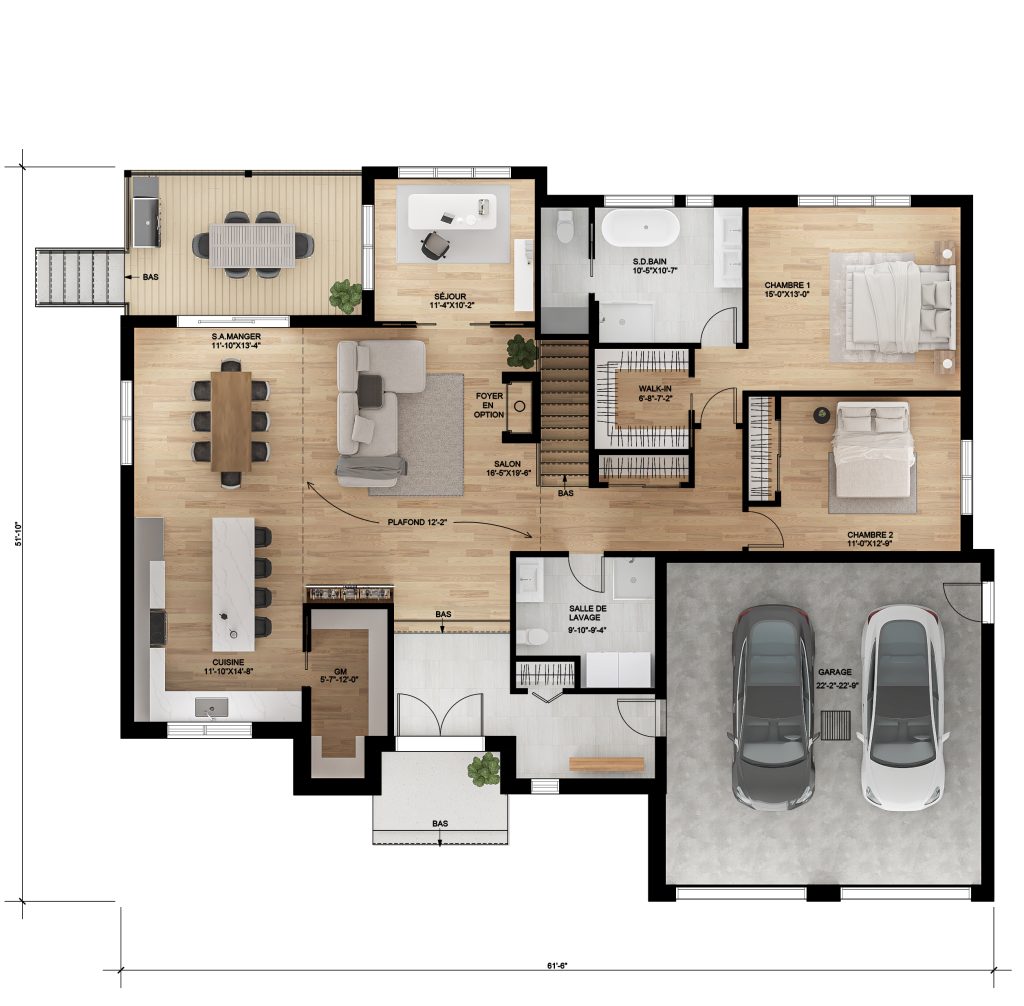 Plan du modèle de maison neuve Charline : aménagement de plain-pied avec 2 chambres, 2 salles de bain et aire ouverte.