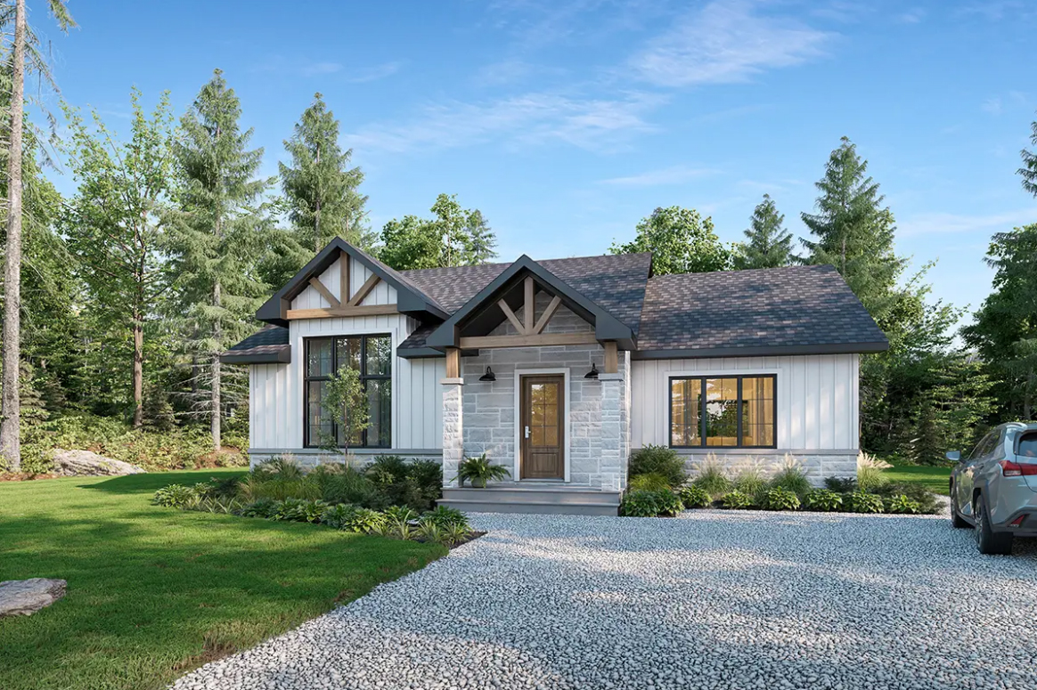 Modèle de maison neuve Claudia: farmhouse contemporain avec hauts plafonds et grandes fenêtres.